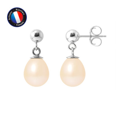 PERLINEA- Boucle d’Oreilles – Perles de Culture d’Eau Douce- Diamètre 7-8 mm Rose- Bijou Femme- Or Blanc
