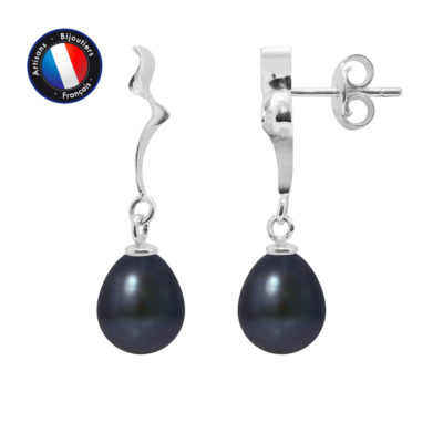 PERLINEA- Boucle d’Oreilles- Perle de Culture d’Eau Douce- Poire 8-9 mm Black Tahiti- Bijou Femme- Or Blanc