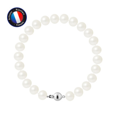 PERLINEA- Bracelet- Perles de Culture d’Eau Douce- Semi Ronde 8-9 mm Blanc Naturel
