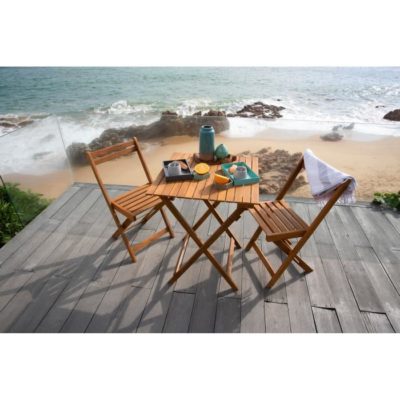 Ensemble repas de jardin ou de balcon 2 places – 1 table et 2 chaises pliables – Bois acacia