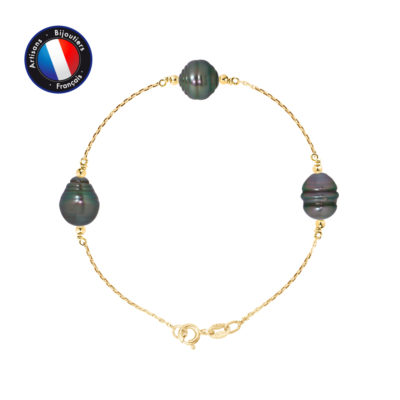 PERLINEA- Bracelet – Perles de Culture d’Eau Douce Cercl‚es  8-9 mm Blanc- Bijou Femme- OrJaune