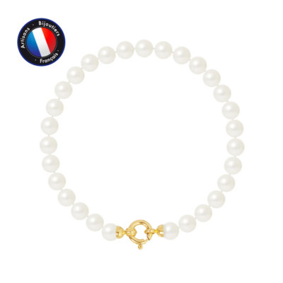 PERLINEA- Bracelet – Perles de Culutre Ronde 6-7  mm Blanc- Bijou Femme- OrJaune