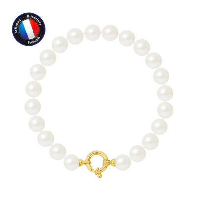 PERLINEA- Bracelet – Perles de Culutre- Diamètre 8-9 mm Blanc- Bijou Femme- OrJaune