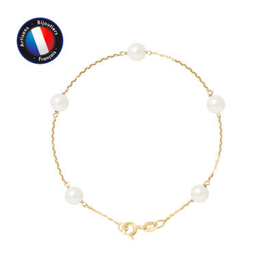 PERLINEA- Bracelet- Perle de Culture d’Eau Douce- Ronde 6-7 mm Blanc- Bijou Femme- OrJaune
