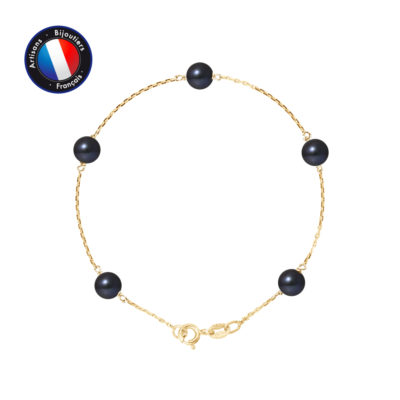 PERLINEA- Bracelet- Perle de Culture d’Eau Douce- Ronde 6-7 mm Black Tahiti- Bijou Femme- OrJaune