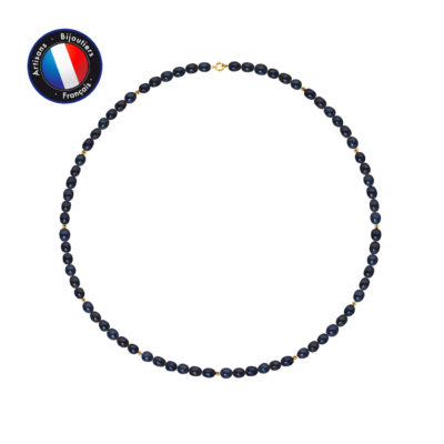 PERLINEA- Collier- Perles de Culture d’Eau Douce Riz 4-5 mm Black Tahiti- Bijou Femme- OrJaune