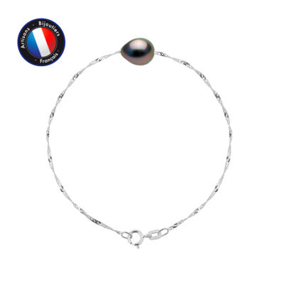 PERLINEA- Bracelet- Perle de Culture de Tahiti Bouton 8-9 mm- Bijou Femme- Or Blanc