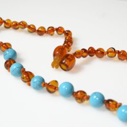 Collier Bébé Ambre et Pierre naturelle – Cognac et Turquoise Bleu