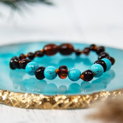 Bracelet Bébé Ambre et Pierre naturelle  Cognac et Turquoise Bleu