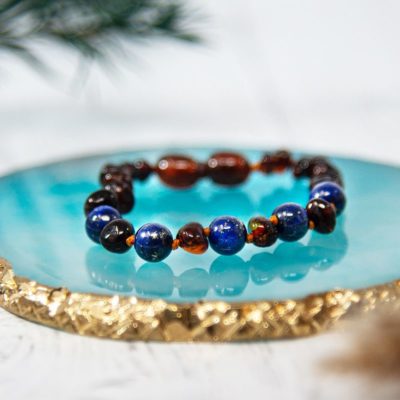 Bracelet Bébé Ambre et Pierre naturelle  Cognac et Lapis Lazuli