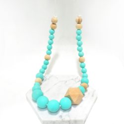 Collier bijou silicone de dentition – Bleu turquoise et bois