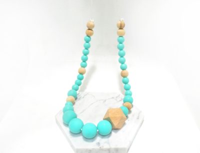 Collier bijou silicone de dentition – Bleu turquoise et bois