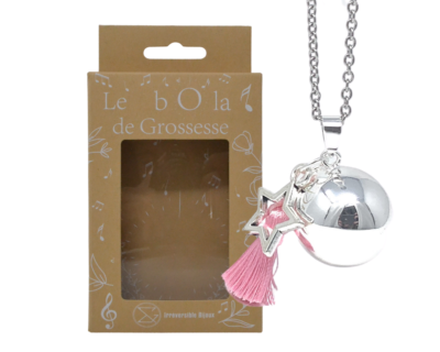 Bola de grossesse argent lisse – JULIE (Etoile/pompon rose)