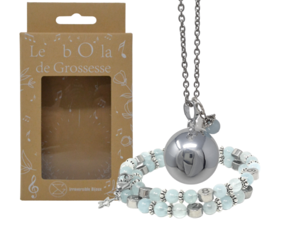 Box Bola argent lisse et bracelet d’allaitement pierre naturelle – Aigue Marine Béryl