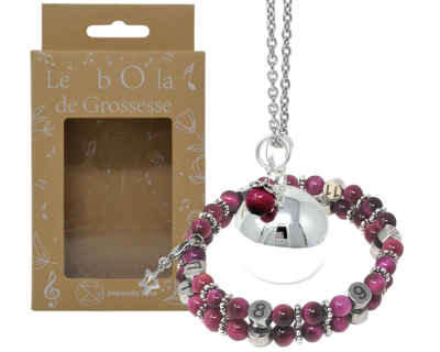 Box Bola argent lisse et bracelet d’allaitement pierre naturelle – il du Tigre Rose teintée