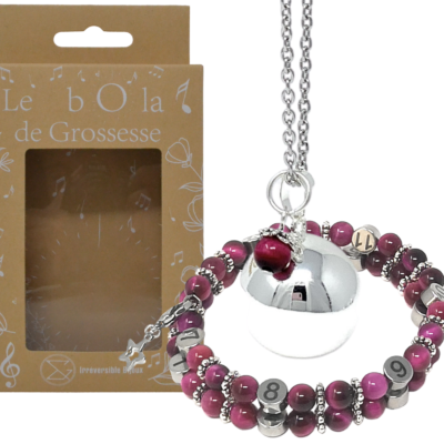 Box Bola argent lisse et bracelet d’allaitement pierre naturelle – il du Tigre Rose teintée