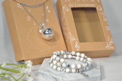 Box Bola argent lisse et bracelet d’allaitement pierre naturelle – Howlite Magnésite