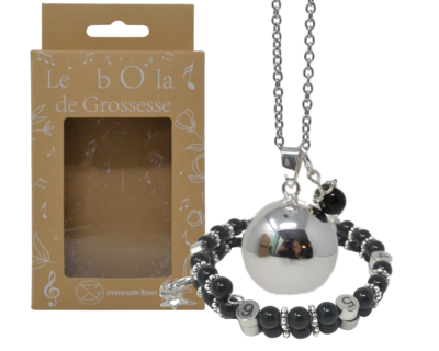 Box Bola argent lisse et bracelet d’allaitement pierre naturelle – Obsidienne