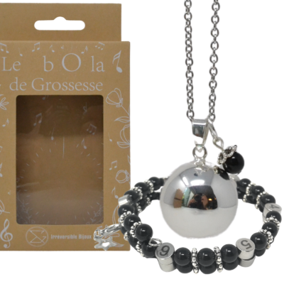 Box Bola argent lisse et bracelet d’allaitement pierre naturelle – Obsidienne