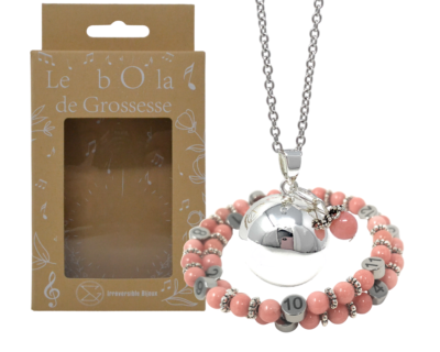 Box Bola argent lisse et bracelet d’allaitement pierre naturelle – Quartz rose