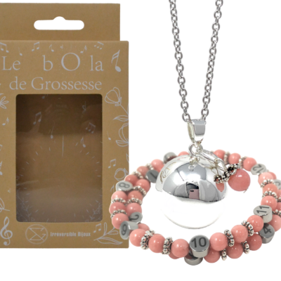 Box Bola argent lisse et bracelet d’allaitement pierre naturelle – Quartz rose