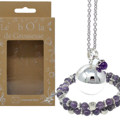 Box Bola argent lisse et bracelet d’allaitement pierre naturelle – Améthyste