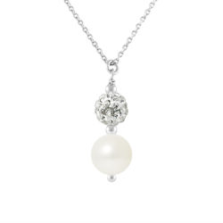 Collier Argent 925 Millièmes orné d’une Boule Pendentif entièrement sertie de Véritable Cristal Blanc et avec une Perle