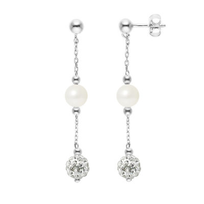 Boucles d’Oreilles Boules Pendentif serties de Véritable Cristal Blanc et Perles de Culture