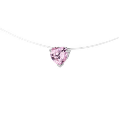 Collier  Cable Transparent de Nylon orné d’un Solitaire serti de 6 Griffes en Oxyde de Zirconium Rose