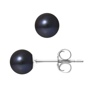 PERLINEA- Boucles d’Oreilles- Perles de Culture d’Eau Douce Ronde 6-7  mm Black Tahiti- Bijou Femme