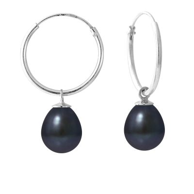 PERLINEA- Boucles d’Oreilles- Perles de Culture d’Eau Douce- Diamètre 8-9 mm Black Tahiti- Bijou Femme