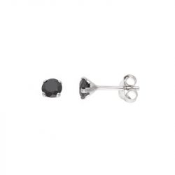 Boucles d’Oreilles Argent 925 Millièmes Rhodié & Solitaire Rondes  Oxydes de Zirconium Noirs 4 mm