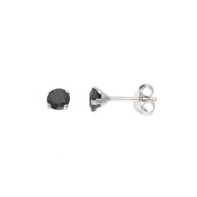 Boucles d’Oreilles Argent 925 Millièmes Rhodié & Solitaire Rondes  Oxydes de Zirconium Noirs 4 mm