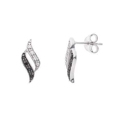 Boucles d’Oreilles Motifs FLEURS Argent 925 Millièmes Rhodié & Oxydes de Zirconium Blancs et Noirs