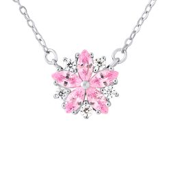 Collier motif “FLEUR” Pétales ROSE avec Oxydes de Zirconium roses et blancs