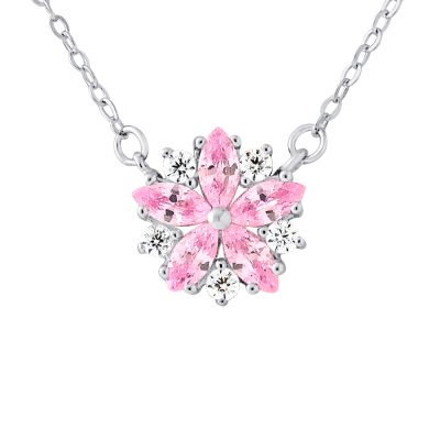 Collier motif “FLEUR” Pétales ROSE avec Oxydes de Zirconium roses et blancs